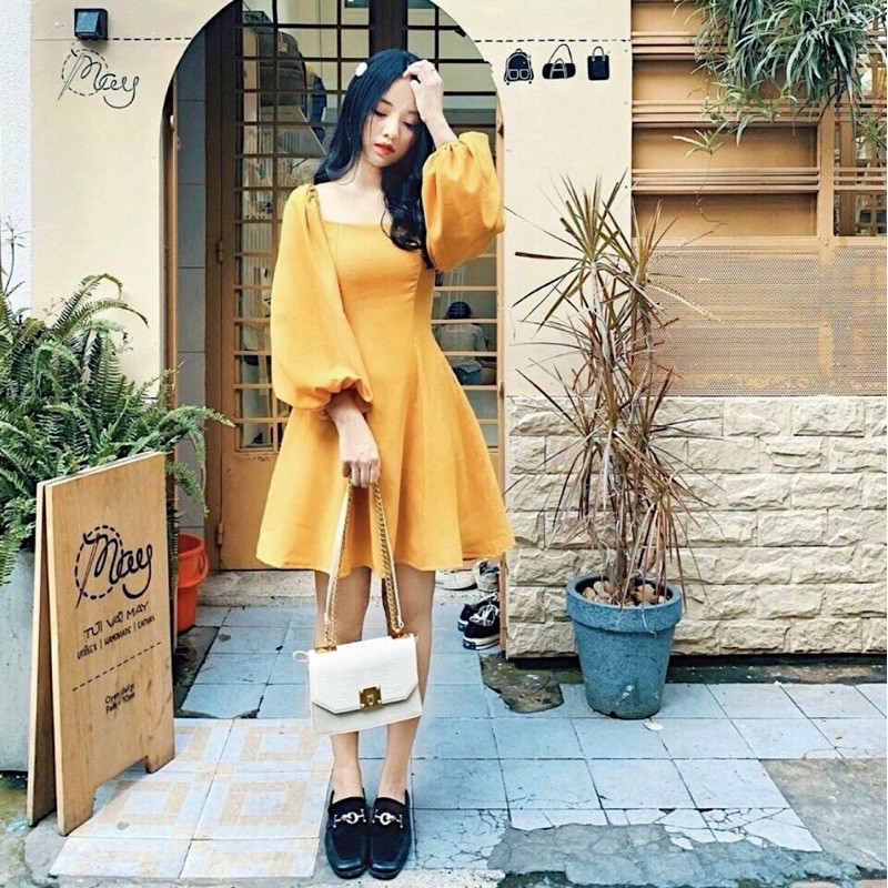 [HCM]Đầm cổ U tay dài phồng 4 màu (kèm hình thật)