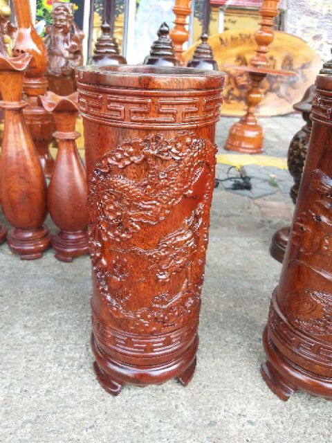 Ống đựng nhang trạm rồng, hoa sen gỗ Lim nguyên khối cao 30cm (1 cái)