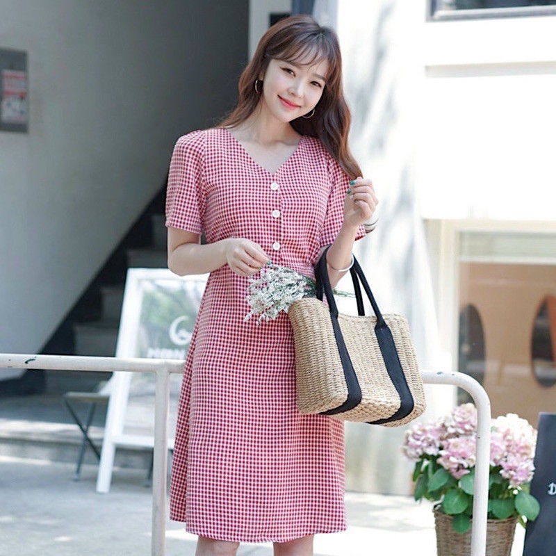 [HCM]Đầm caro đỏ nút trắng (kèm hình thật)