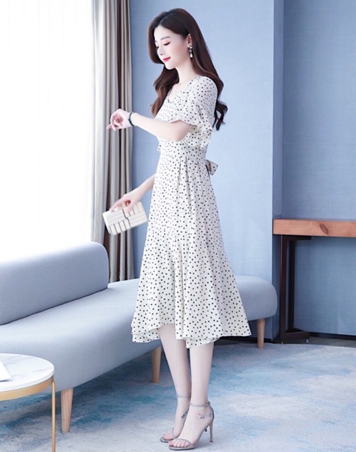 [HCM]Đầm bi trắng đuôi cá thắt eo (kèm hình thật)