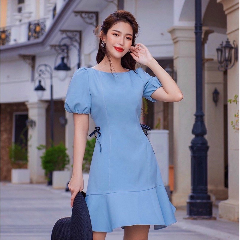 Đầm xanh xám nơ eo