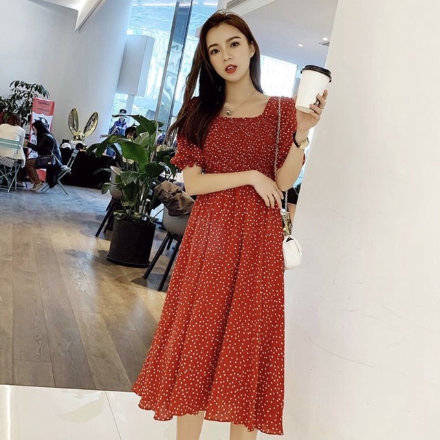 [HCM]Đầm bi xanh rối cổ U (kèm hình thật)