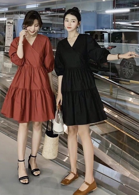 [HCM]Đầm cổ V tay lỡ 2 màu (kèm hình thật)