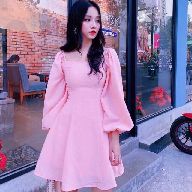Đầm cổ U tay dài phồng 4 màu