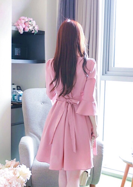 [HCM]Đầm hồng tay loa thắt nơ (kèm hình thật)