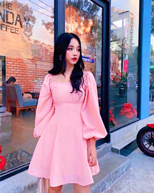 [HCM]Đầm cổ U tay dài phồng 4 màu (kèm hình thật)