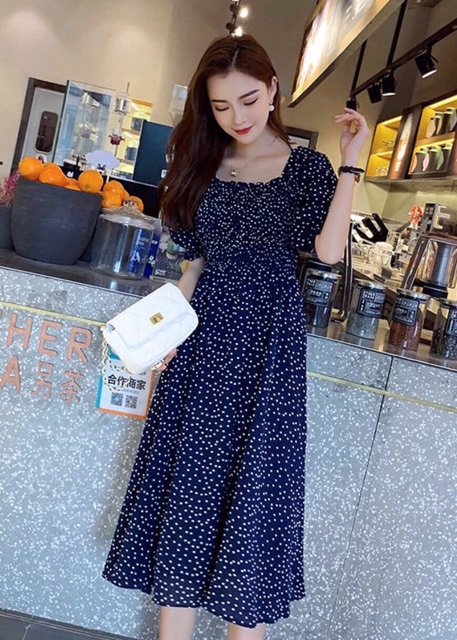 [HCM]Đầm bi xanh rối cổ U (kèm hình thật)