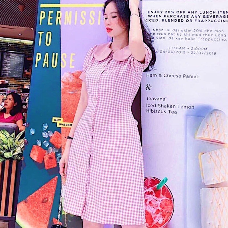 [HCM]Đầm caro hồng cổ sen (kèm hình thật)