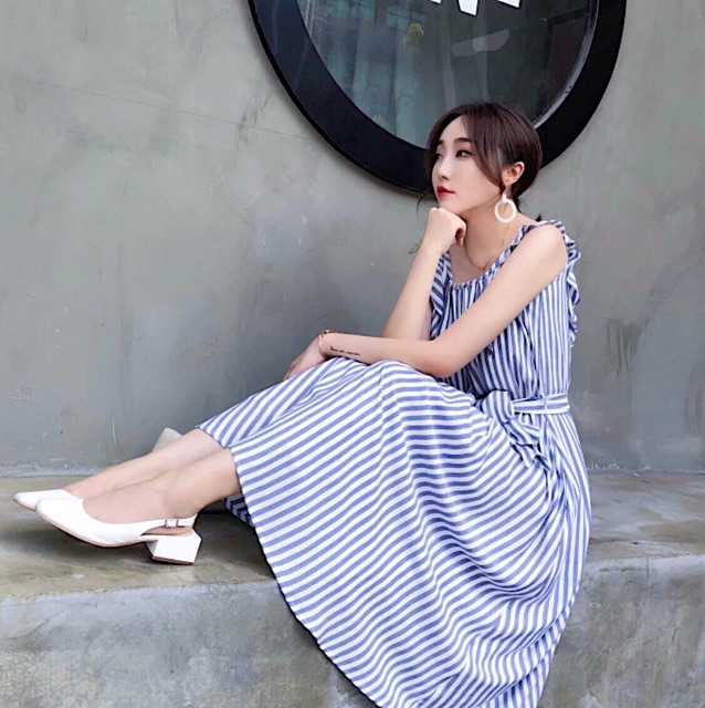 [HCM]Đầm sọc xanh dây bèo (kèm hình thật)