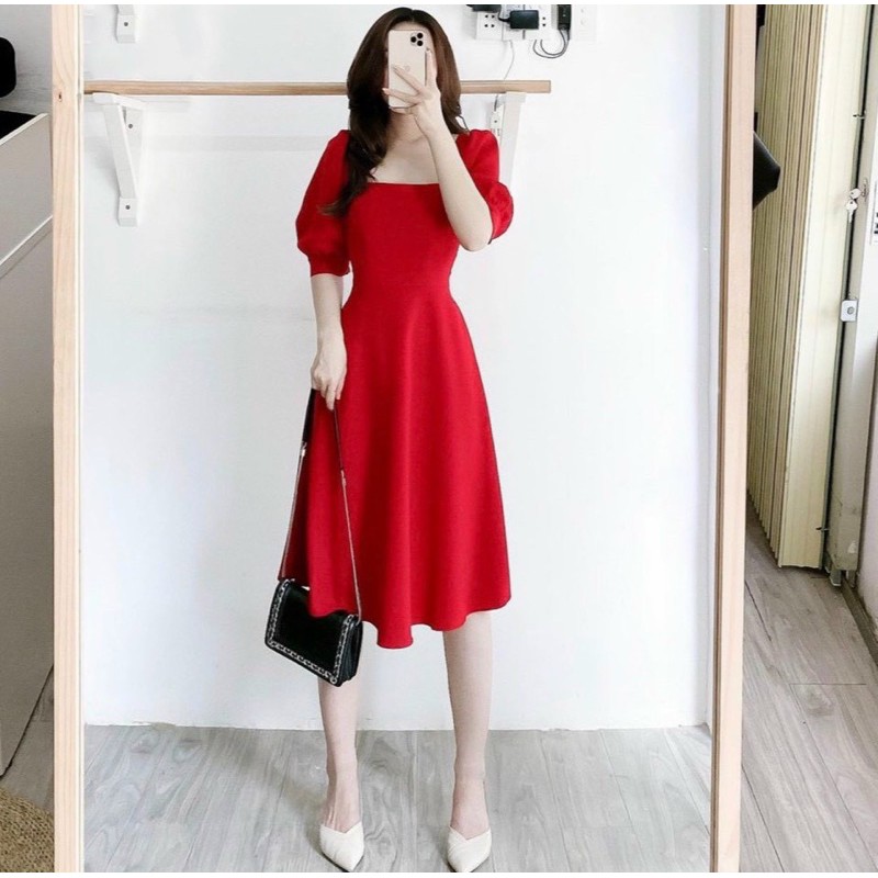 [HCM]Đầm đỏ cổ vuông tay lỡ (kèm hình thật)