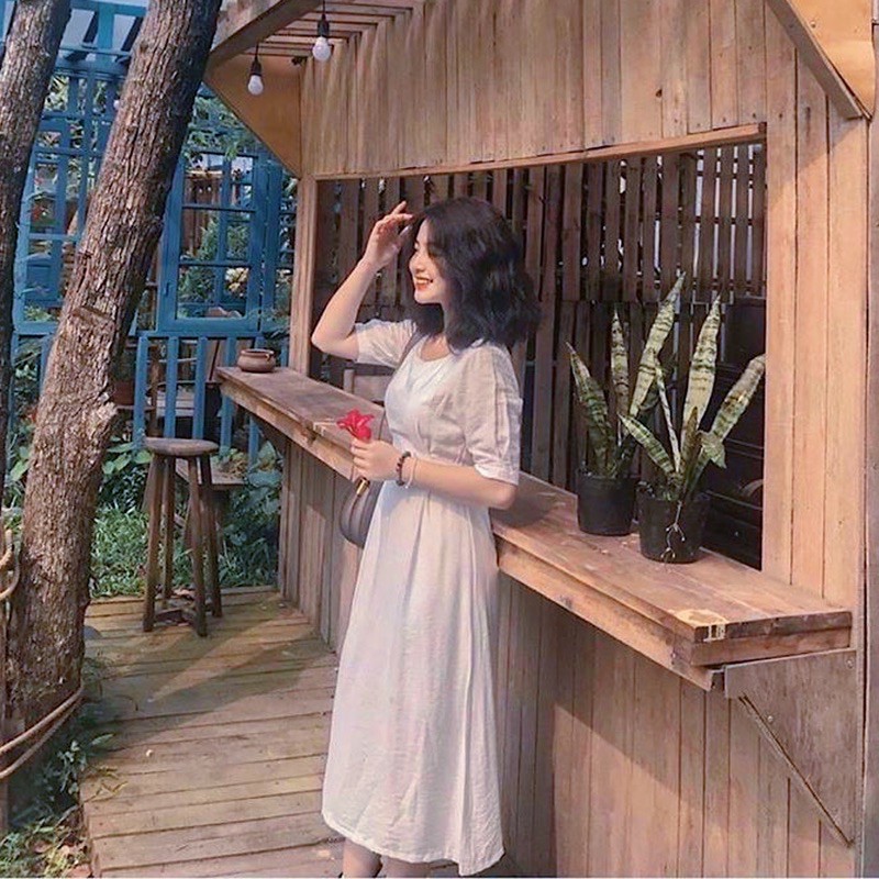 [HCM]Đầm trắng cổ tròn thắt eo (kèm hình thật)