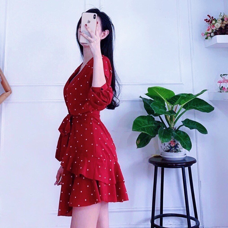 [HCM][Mã FATHANG5 giảm 10K đơn 50K] Đầm bi đỏ tầng cột eo (kèm hình thật)