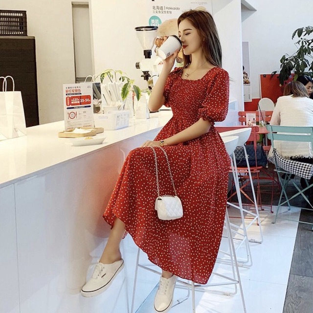 [HCM]Đầm bi xanh rối cổ U (kèm hình thật)