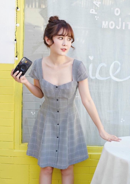 [HCM]Đầm kẻ nút đen 2 màu (kèm hình thật)
