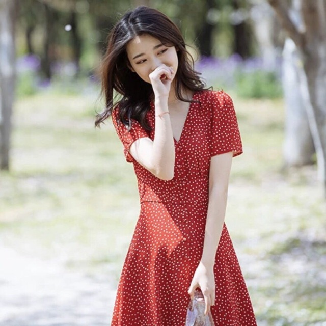 [HCM]Đầm bi đỏ nút bọc (kèm hình thật)