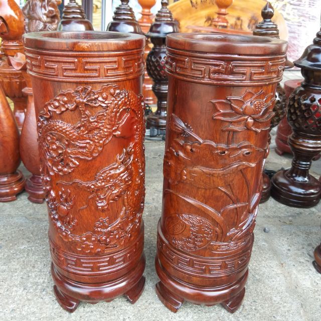 Ống đựng nhang trạm rồng, hoa sen gỗ Lim nguyên khối cao 30cm (1 cái)
