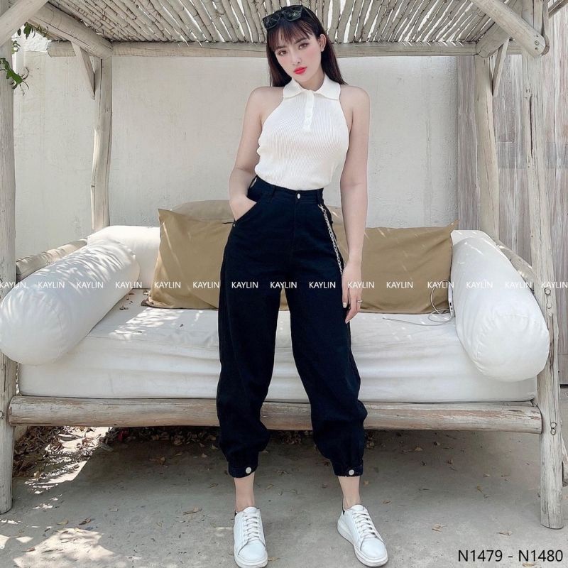 Áo croptop ba lỗ cổ bẻ cúc thật a3 - Khoét lưng