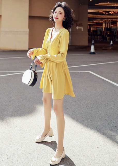 [HCM]Đầm xếp li eo tay dài 2 màu (kèm hình thật)