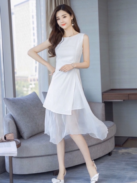[HCM]Đầm trắng phối voan (kèm hình thật)