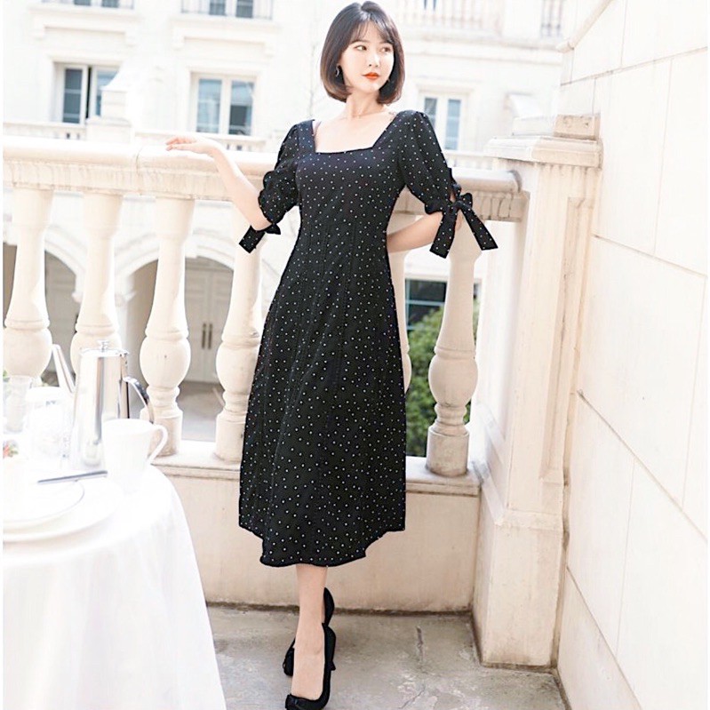 [HCM]Đầm bi đen tay nơ (kèm hình thật)