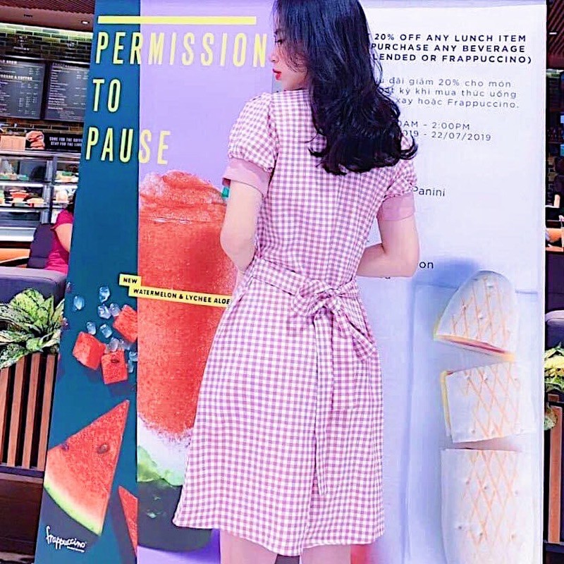 [HCM]Đầm caro hồng cổ sen (kèm hình thật)
