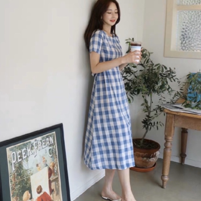 [HCM]Đầm caro xanh form dài (kèm hình thật)