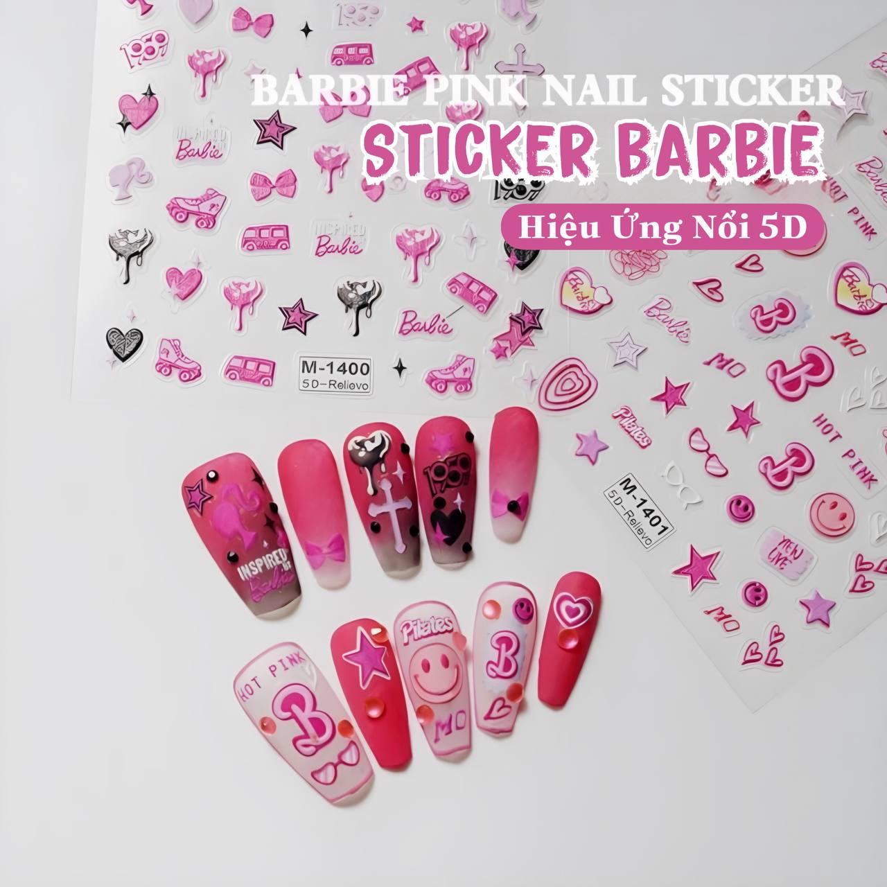 Sticker Lụa Nổi 5D | Barbie Hồng | Hình Dán Móng Tay