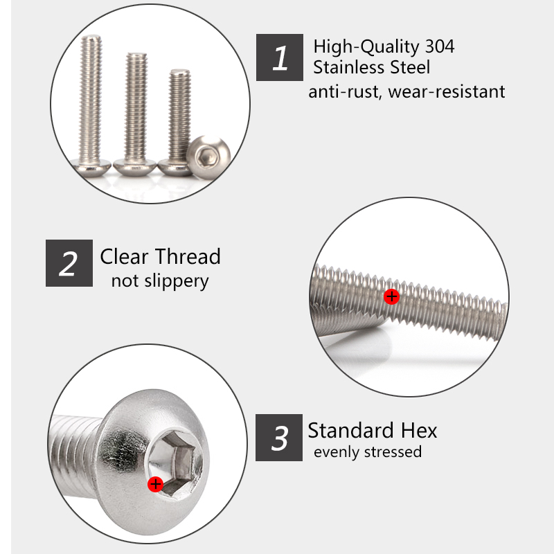M3 M4 304 Stainless Steel Button Head Hex Hexagon Socket Screw Round Head Allen Bolt Machine Screws Length 3mm -70mm Millimeters