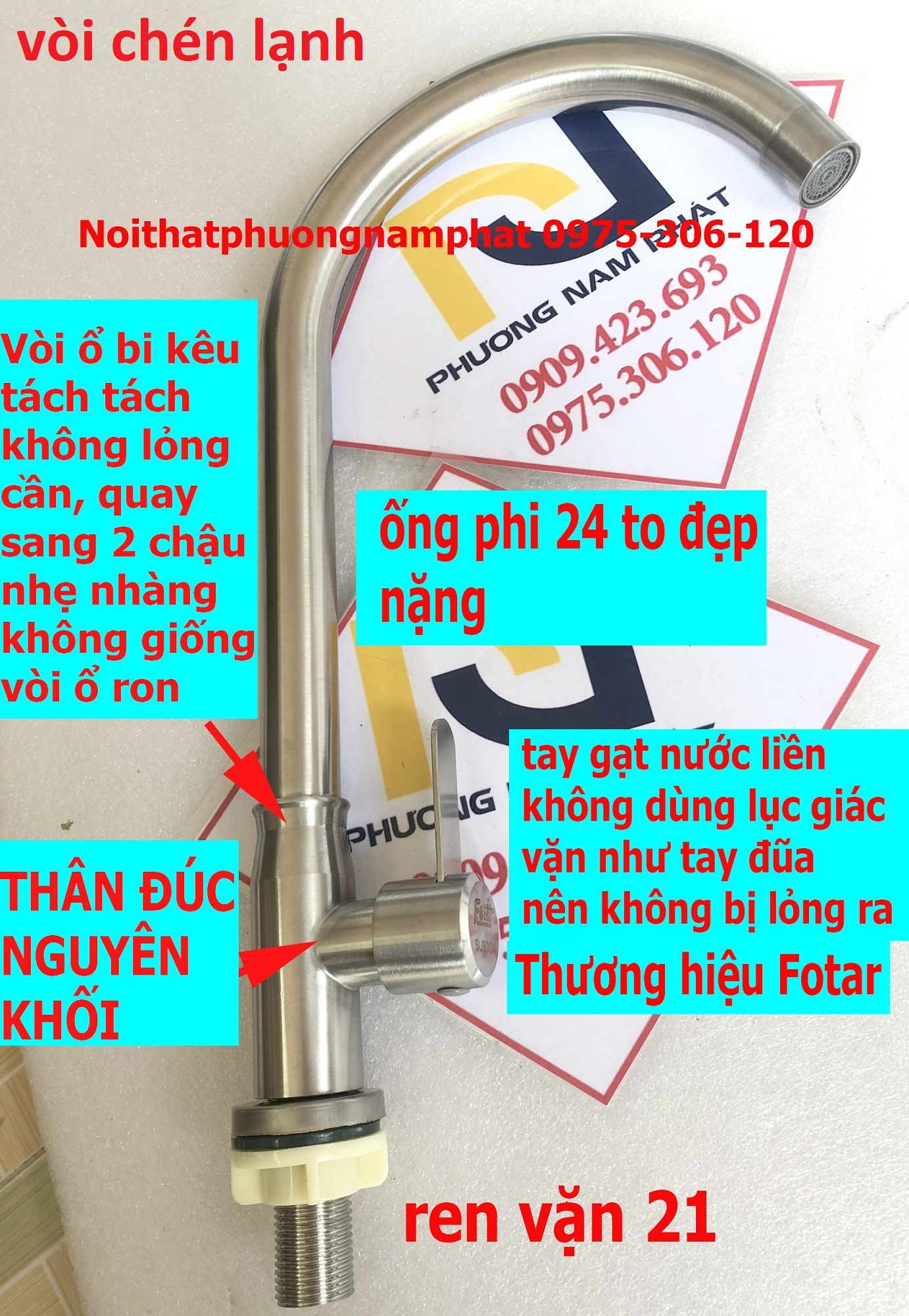 [CỔ BI BAO KHÔNG LỎNG CẦN] Vòi Rửa Chén Bát Lạnh Inox 304 quay 360 độ dùng cho 2 hộc chậu N5011 Fotar vòi ống phi 24 to đẹp cổ bi không bị lỏng cần khi quay trái quay phải, tay gạt nước bản dẹt dính liền không bị rớt ra