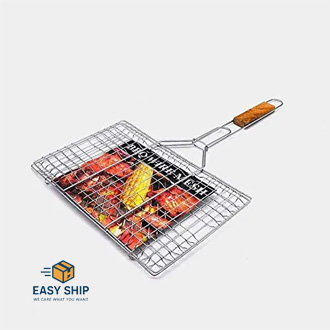 Portable Barbecue BBQ Grill Net Basket Roast Grilling Tray Chromium Plated with Wooden Handle (Small)