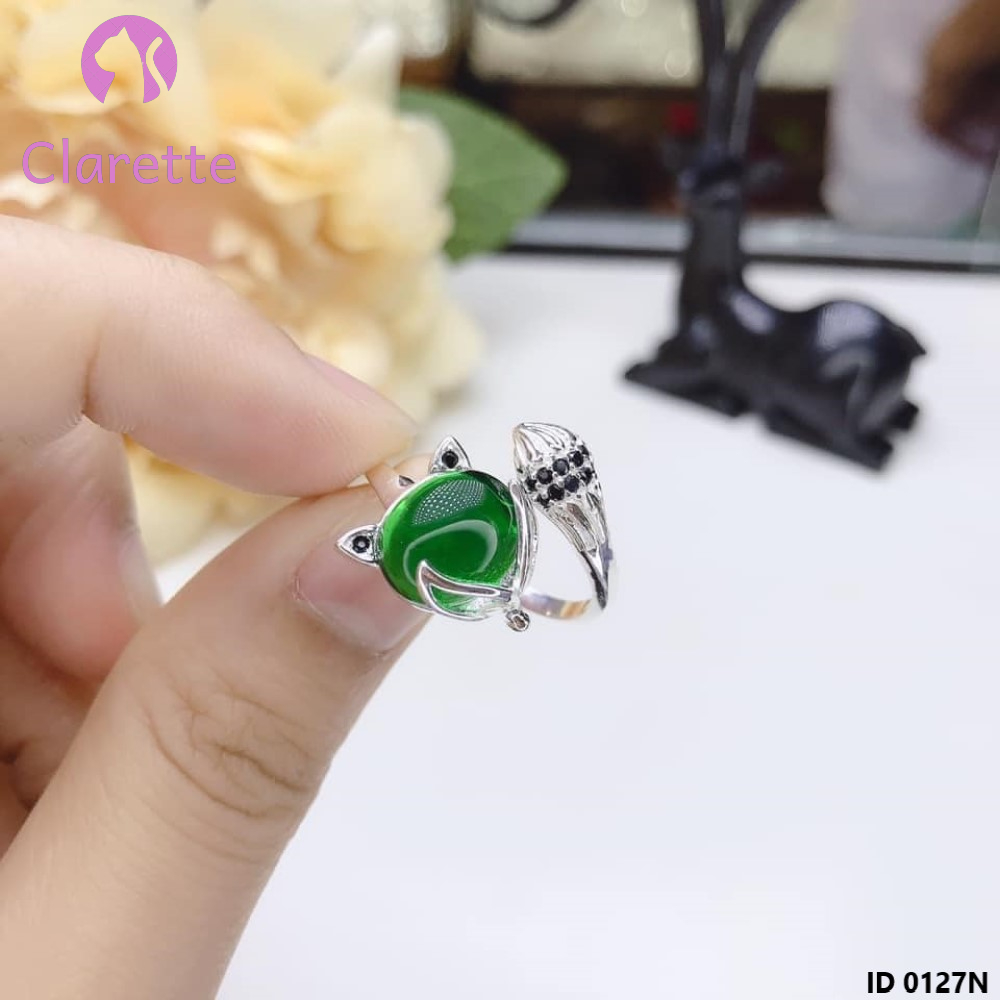Nhẫn bạc hở hình hồ ly đính đá xanh phong thủy Clarette 0127N