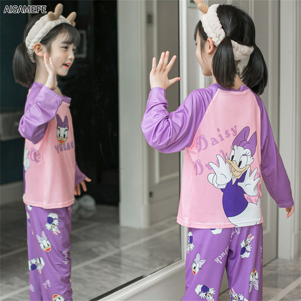AISAMEFE Girl Pajamas Long-Sleeved Spring New Suit Cute Crew Neck Sweet Princess Home Clothes Cartoon KT Cat Stellalou 3-10y Kids Pajamas