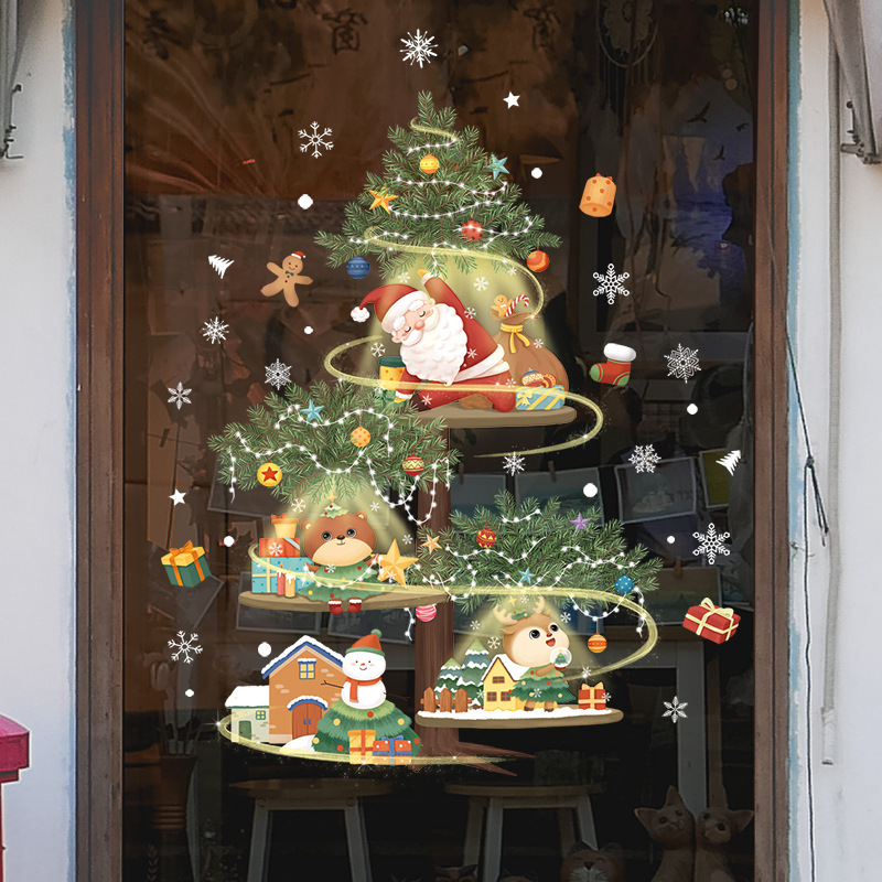 Decal noel – hít tĩnh điện dán kính cây thông ông già noel đèn vàng