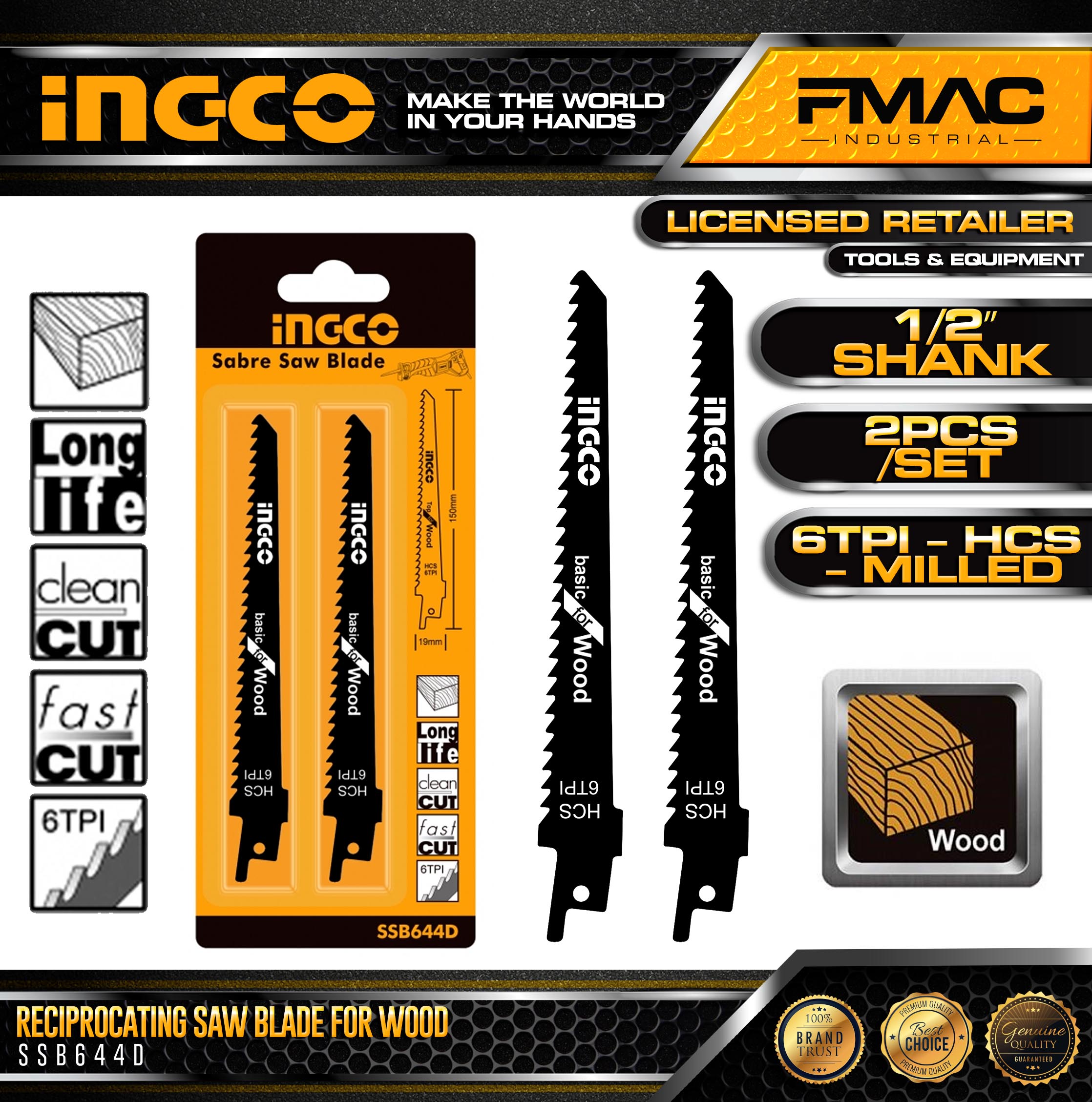 INGCO 2 Pcs Reciprocating Saw Blade for WOOD 1/2" Shank 6TPI SSB644D