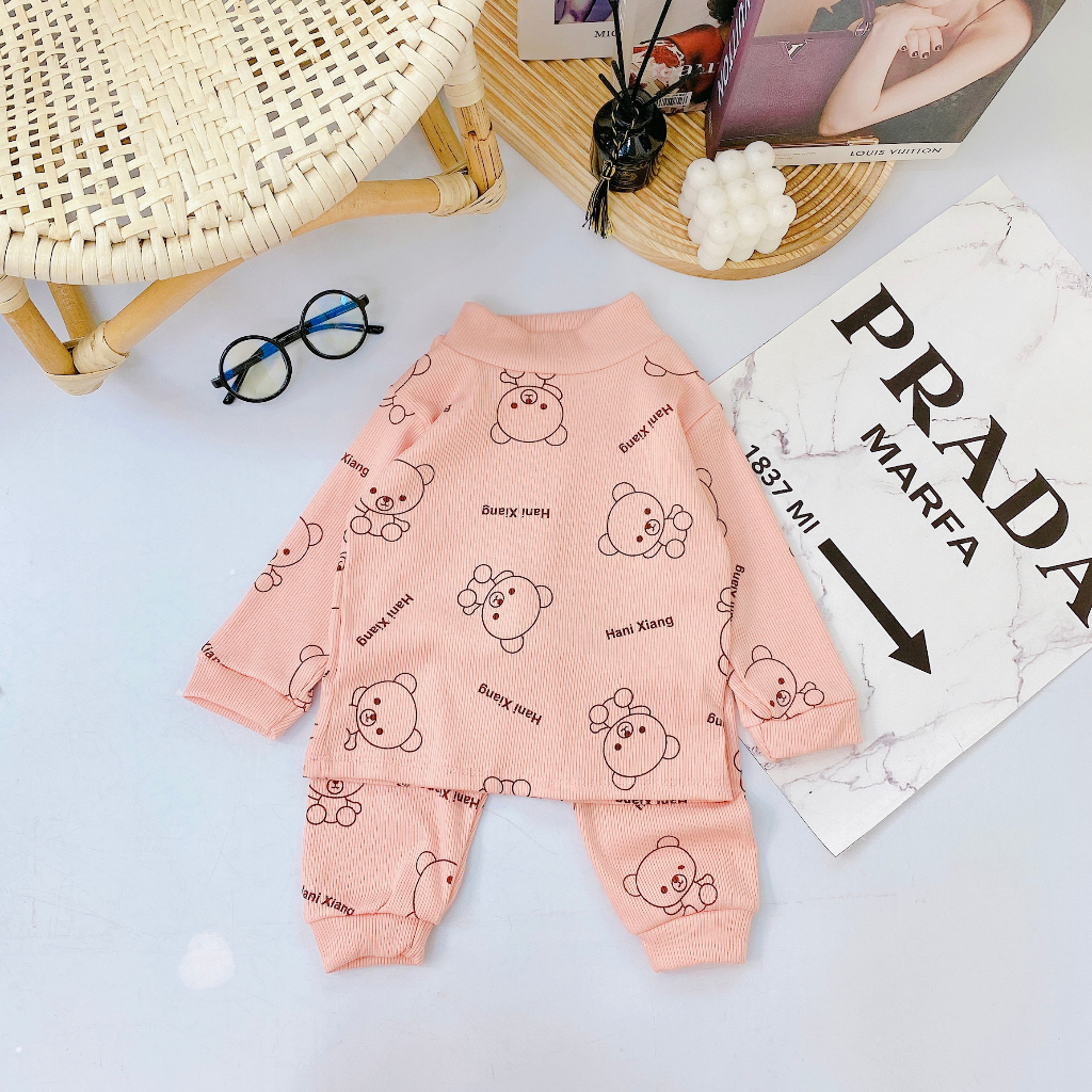 Bộ len tăm cho bé in tràn hình gấu xinh xắn cho bé, len thu đông dài tay hani xiang 6-18kg