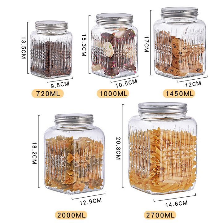 Hũ thủy tinh vuông họa tiết nắp thiếc vặn / hũ thủy tinh 750ml / lọ thủy tinh 1250ml / hũ 1650ml / hũ 2.1 lít / hũ 3 lít