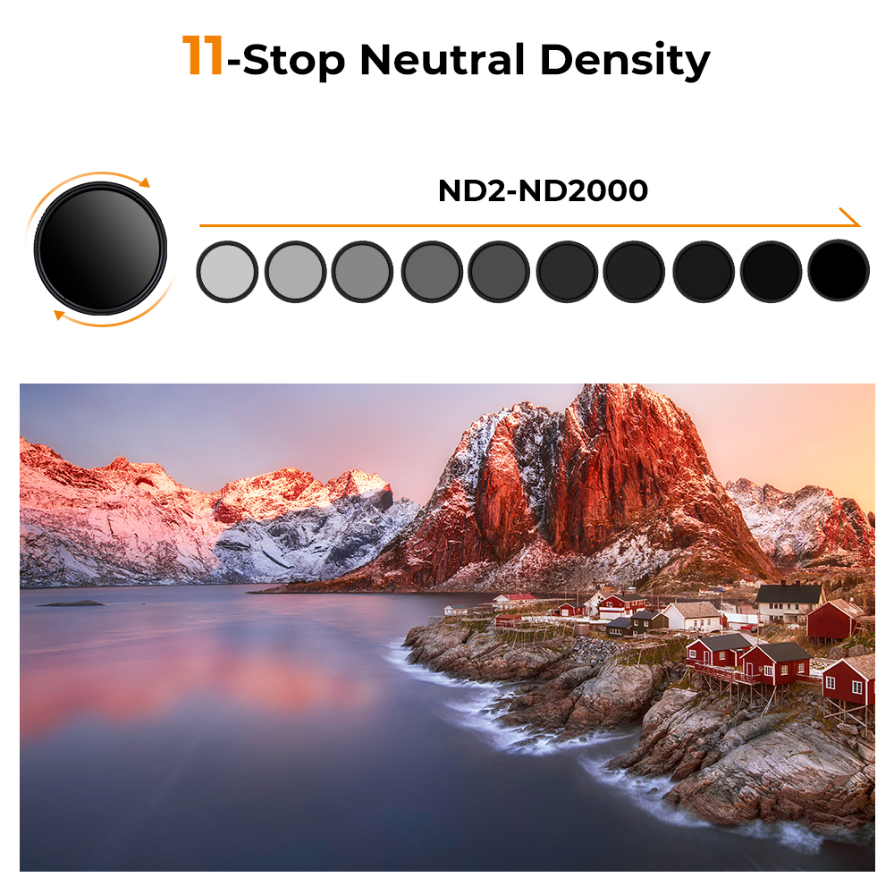 K&F Concept Variable ND2-2000 (1-11 Stops) ND VND Camera Lens Filter 18 Multi-Coated Adjustable Neutral Density Filter with 1 Cleaning Cloth for Camera Lens 49 52 55 67 72 77 82mm