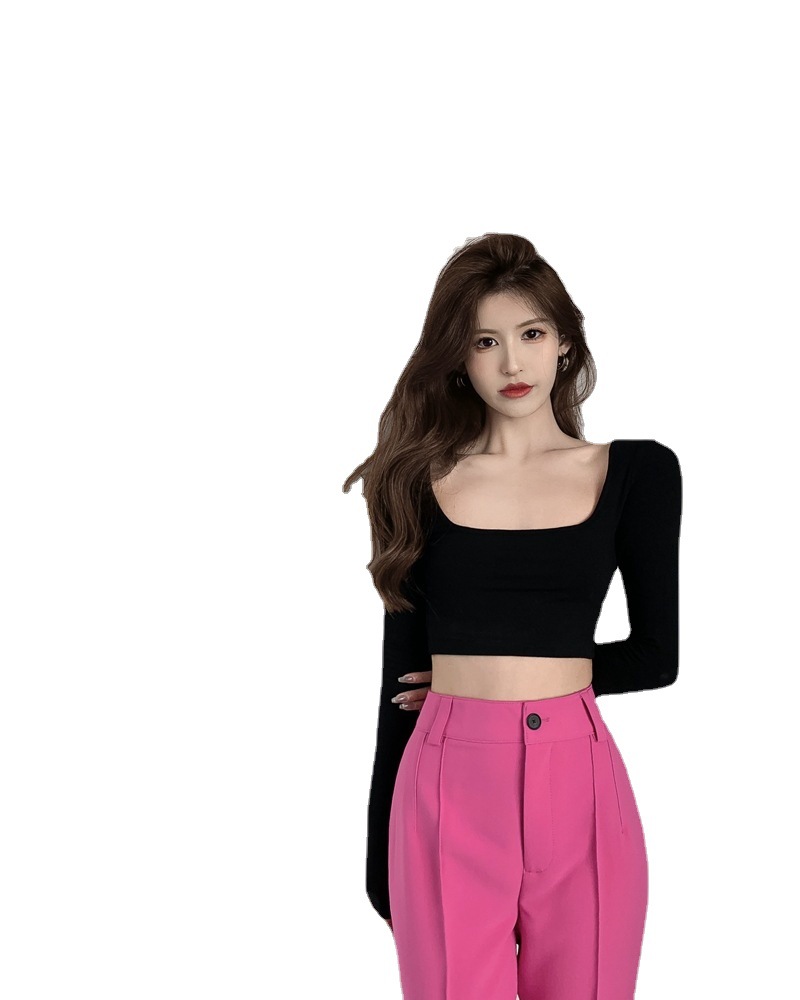 Hot Girl Square Neck Long Sleeve T-Shirt Women's Fall 2023 New White Lace-up Cropped Open Back Slim Base Layer Top.