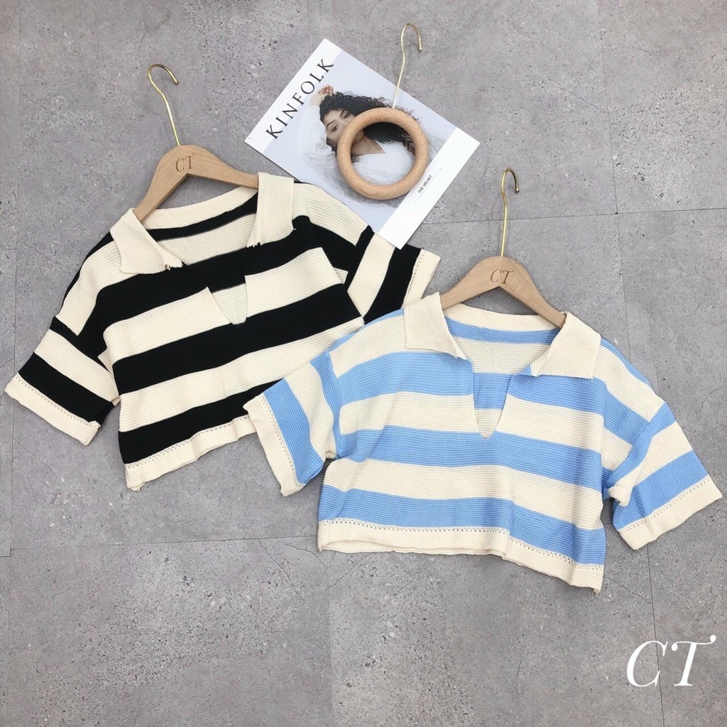 Áo Len Croptop Kẻ Cổ Đức Hàng Qc