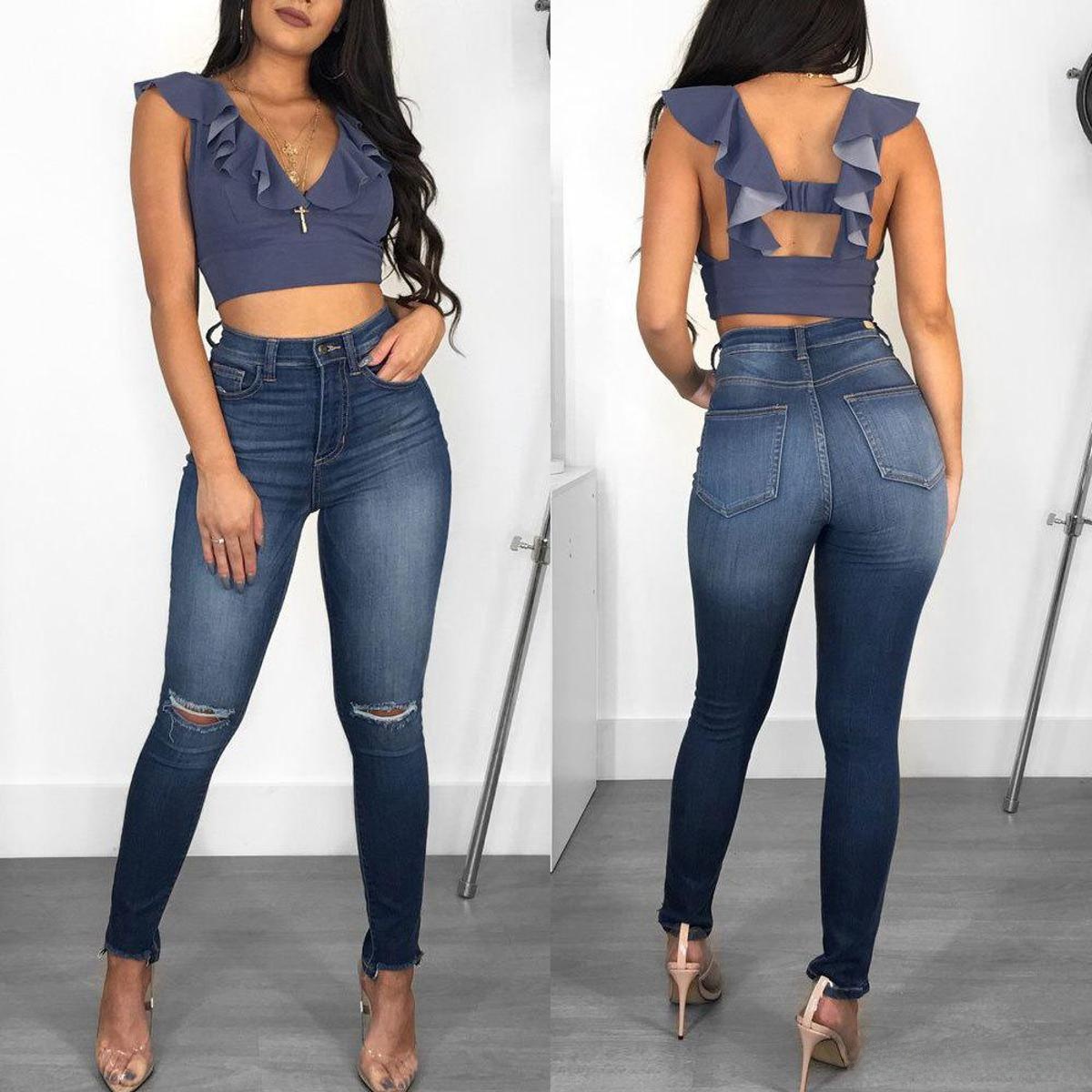 Ladies Denim Jeans Pants High Waist Slim Fit Solid Color Casual Stretchy Women's Bottoms