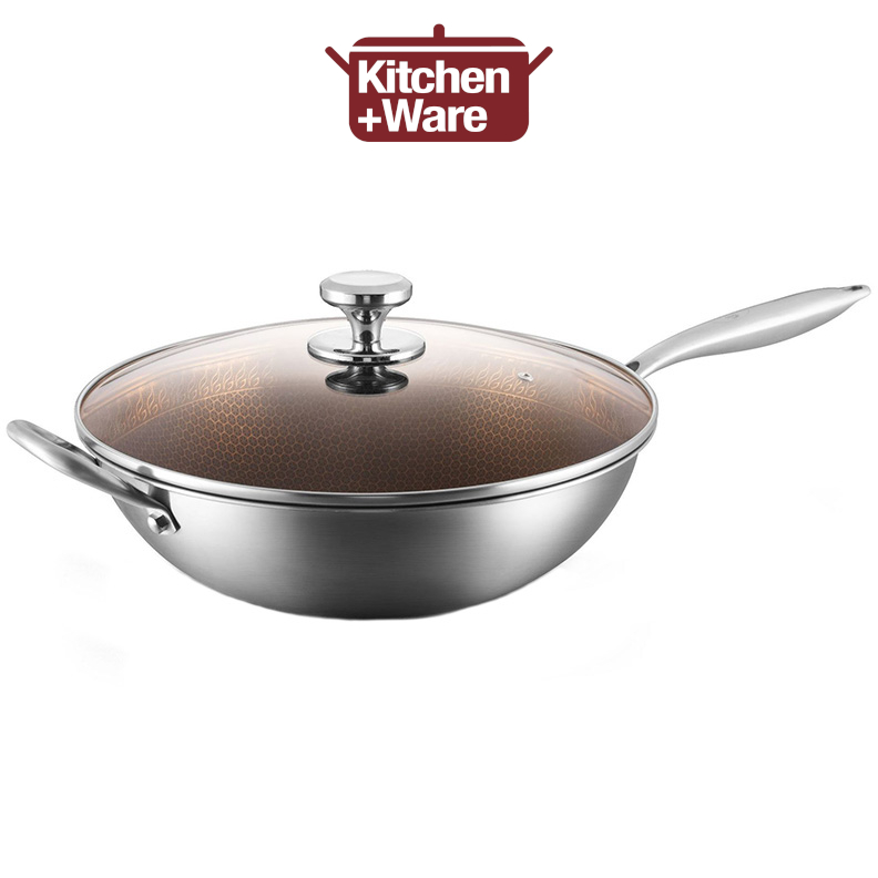 Smokeless NonStick 304 Stainless Steel Wok 36cm with Glass Lid / Physical Nonstick