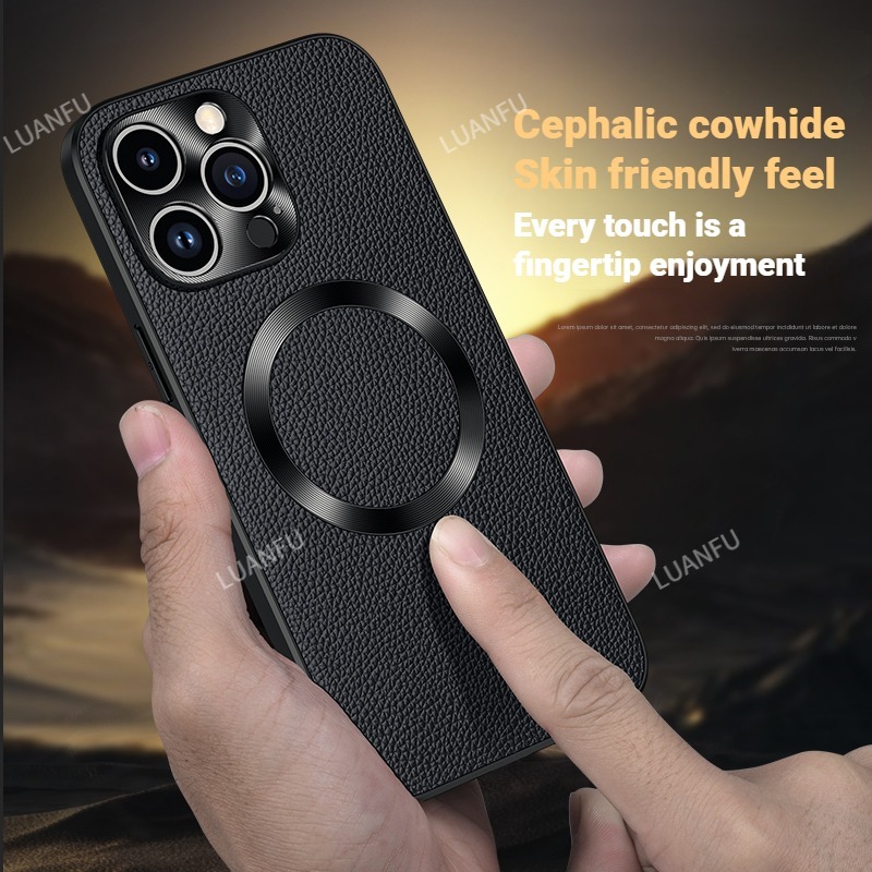 Case for iPhone 12 13 14 15 Pro Max Case Top Cowhide Wireless Charging Case for iPhone 15 Plus Metal Lens Ring Drop-Proof Shockproof Case