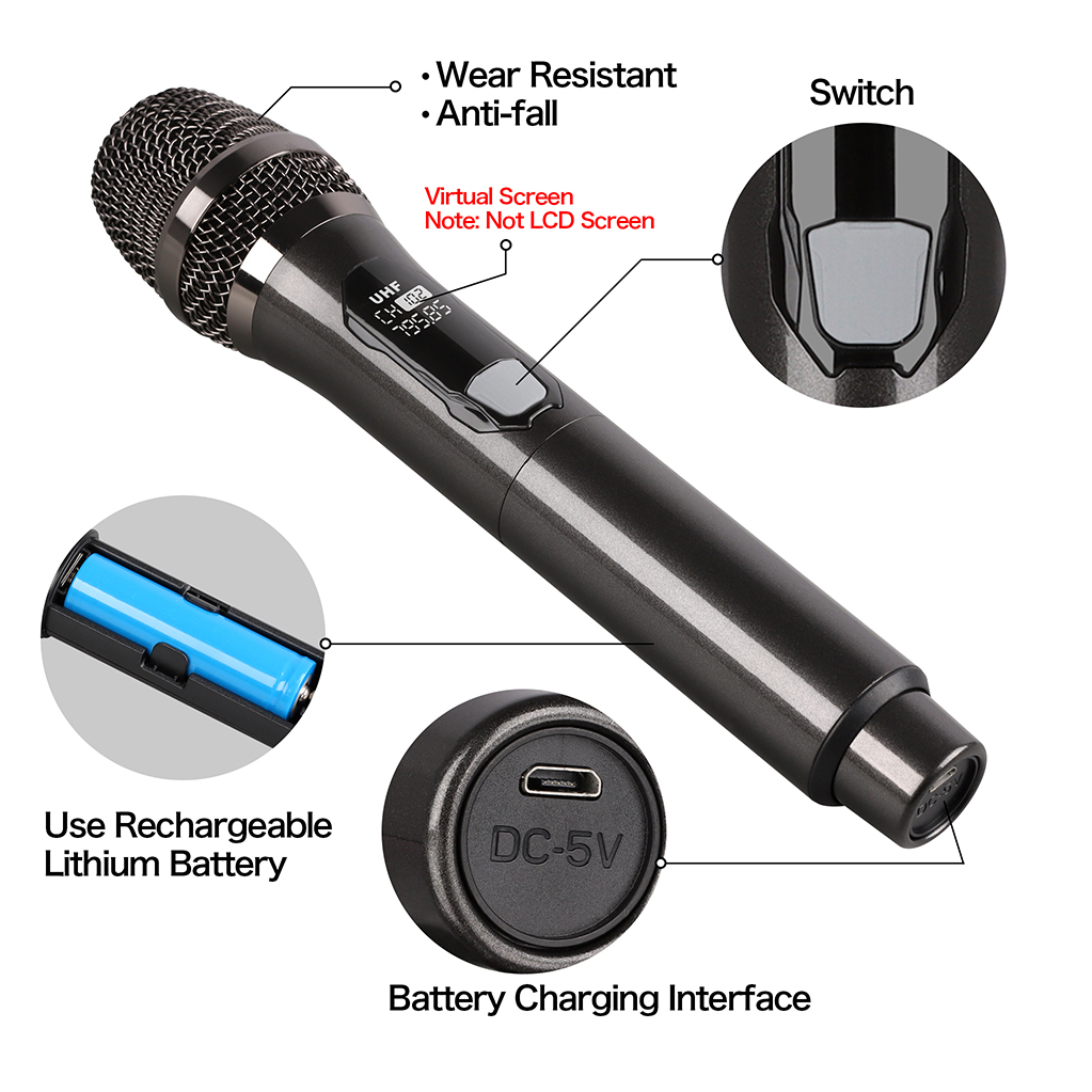 Mic-rô không dây kép cầm tay năng động Micro Karaoke với Receiver có thể sạc lại cho tiệc cưới