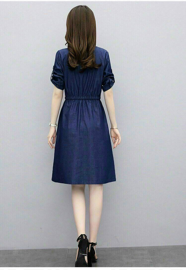 Đầm váy jean xòe dây rút eo cổ v