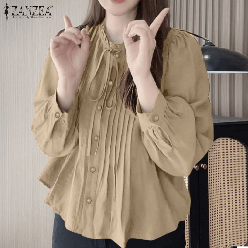 ZANZEA%20Korean%20Style%20Women%20Office%20Pleated-Bib%20Shirts%20Lace-Up%20Ruffled%20Crew%20Neck%20Long%20Sleeve%20Plain%20Tops%20-%20Image%202