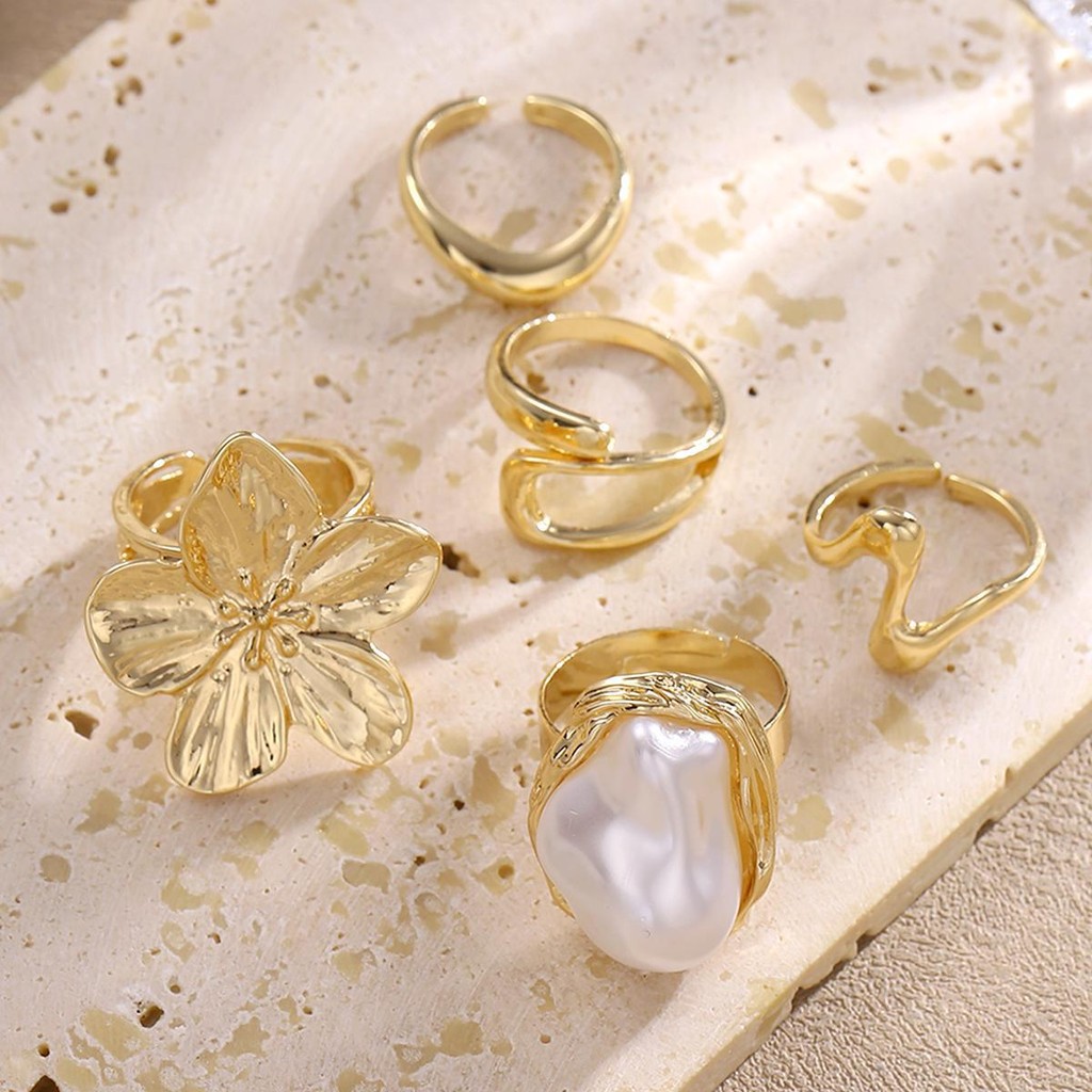 Enacolor%205Pcs/Set%20Women%20Retro%20Flower%20Ring%20Set%20Gold%20Metal%20Pearl%20Joint%20Open%20Rings%20Adjust%20Jewelry%20Accessories%20Gifts%20-%20Image%204