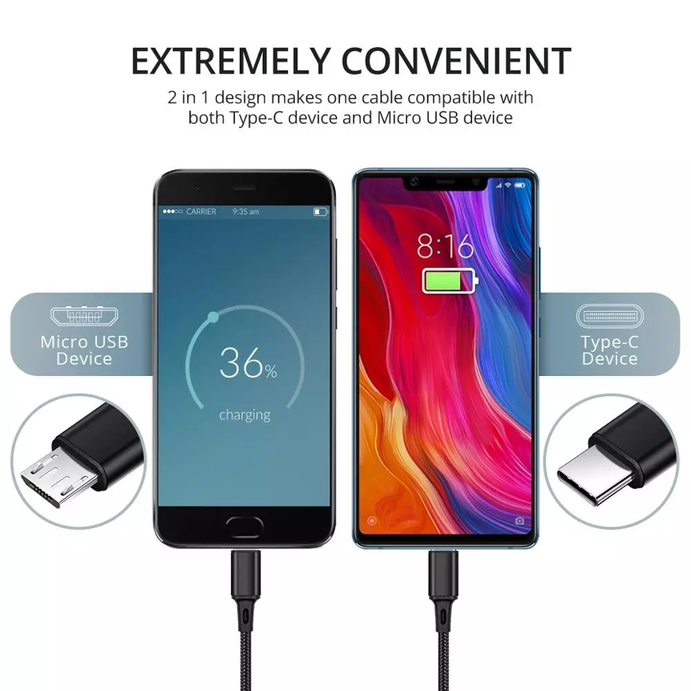 RAFT 1.25m 2 in 1 Type C Cables Charging Wire Micro USB Y Splitter Fast Charge Cable Phone Charge Cord Charger Cable