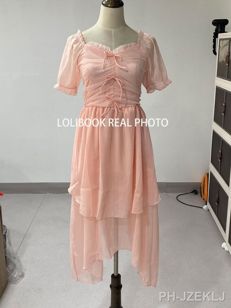 LZ】◇﹊ Elegante vestido midi feminino roupa kawaii manga curta praia senhora  do escritório rosa chiffon verão festa 2023