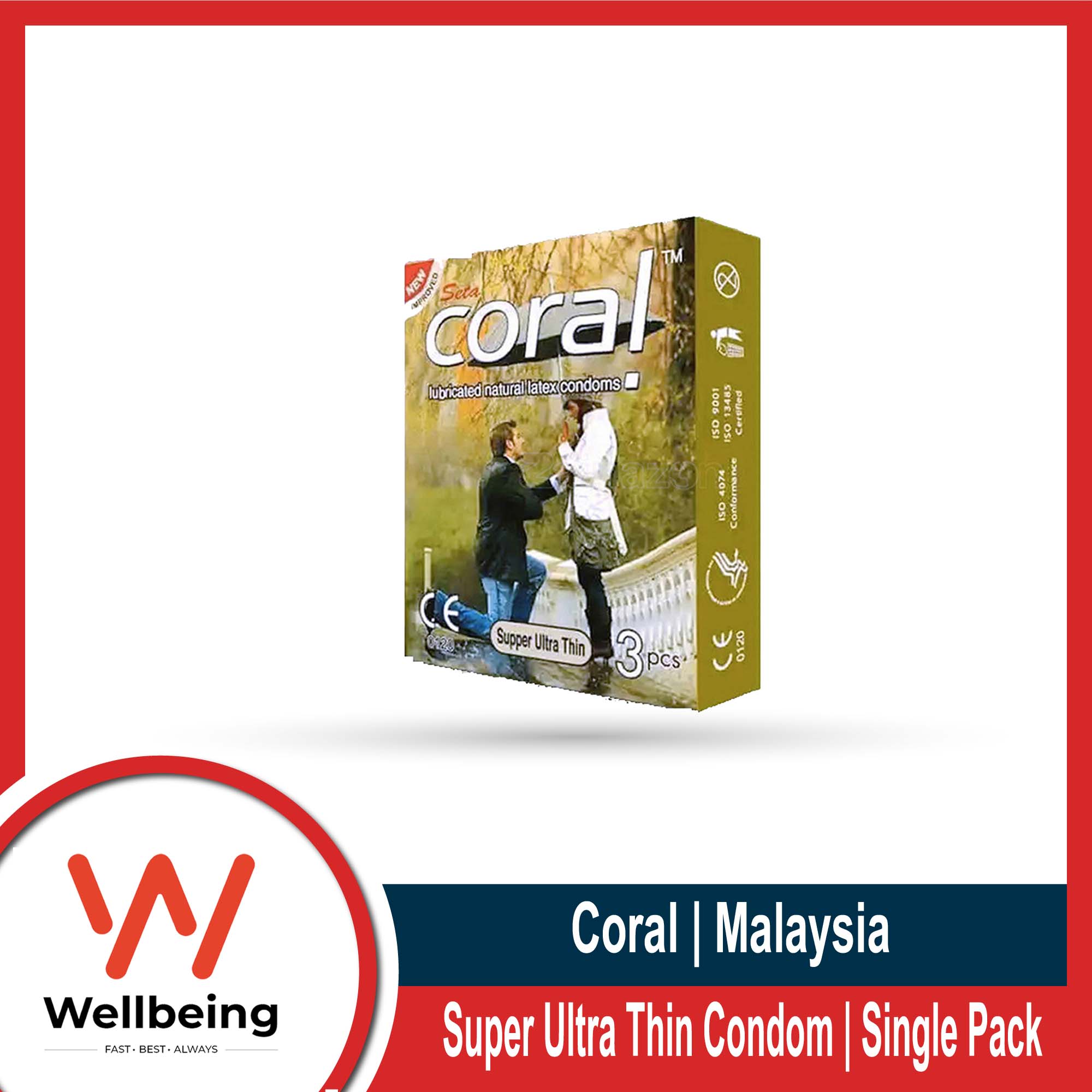 Coral Condom For Men Super Ultra Thin Lubricated Natural Latex - Combo 3 Packs.