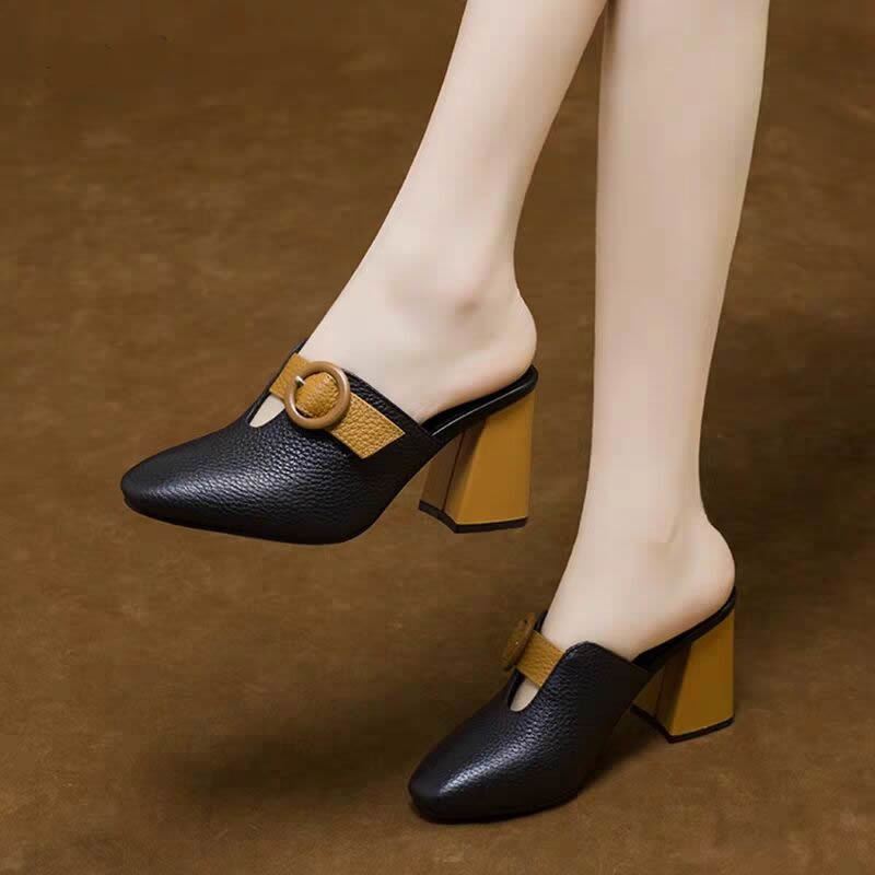 Women's Middle Heel Thick Heel High Heel New Slipper with No Heel British Fashion Belt Buckle Slippers for Women